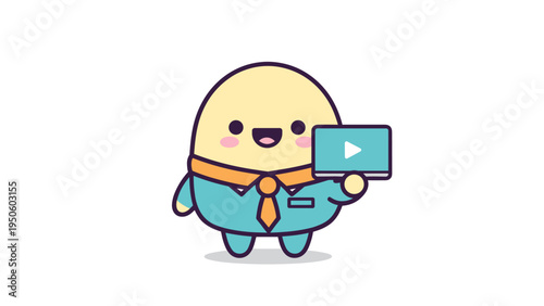 A cute cartoon character wearing a formal shirt and tie holding a small digital video play icon Vector