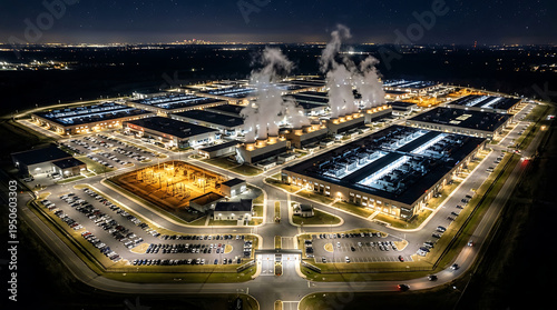 night aerial drone photograph of data center campus with illuminated buildings, cooling tower steam plumes and parking infrastructure showing operational scale of facility with high resolution detail