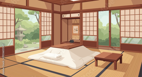 Cozy Japanese Kotatsu Room with Garden View