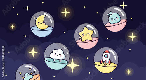 Cute Kawaii Space Capsule Toys with Moon, Star, Cloud, Rocket, Alien