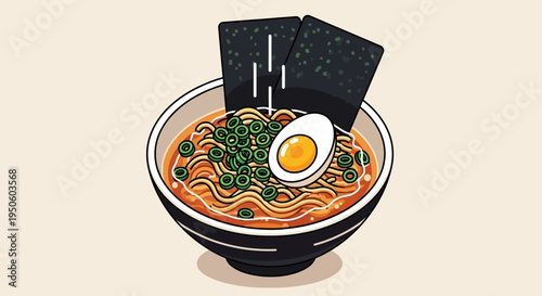 Delicious Ramen Bowl with Egg and Seaweed, Japanese Noodle Soup Illustration
