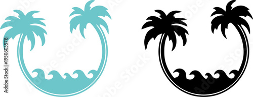 Tropical Island Palm Tree and Ocean Wave Logo Design