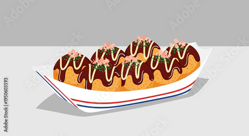 Delicious Takoyaki Balls with Sauce and Toppings on a Plate