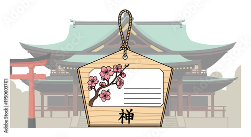 Japanese Ema with Cherry Blossoms and Kanji at a Shrine