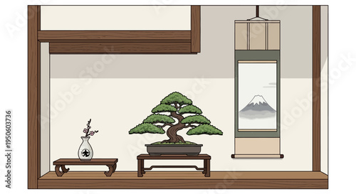 Japanese Interior with Bonsai Tree and Mount Fuji Scroll