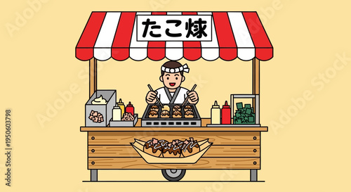 Japanese Takoyaki street food stall with chef serving octopus balls