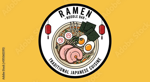 Ramen Noodle Bar Logo with Traditional Japanese Cuisine Bowl