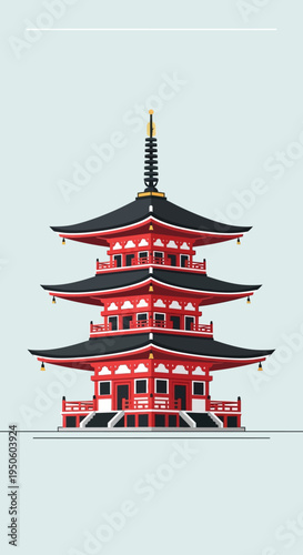 Pixel Art Japanese Pagoda Temple, Traditional Architecture, Red and Black