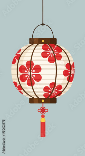 Traditional Japanese Lantern with Red Flowers and Tassel