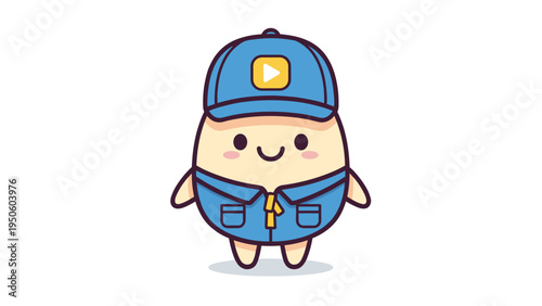 A cute cartoon potato character wearing a blue cap and work shirt with a small yellow play icon Vector