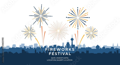 City Skyline Fireworks Festival Celebration, Night Sky Pyrotechnic Display