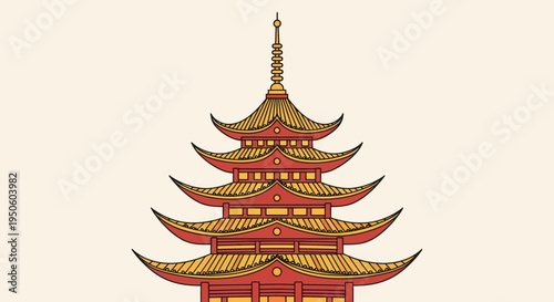 Traditional Japanese Pagoda Architecture, Red and Gold Temple Building, Asian Culture Icon