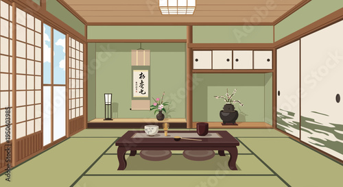 Traditional Japanese Room Interior with Tatami Mats and Shoji Screens