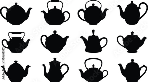 Assortment of twelve unique black silhouette teapots and kettles displayed on a white canvas