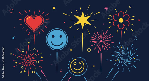 Happy Celebration Fireworks with Smiley Faces, Heart, and Flower Icons on Dark Blue Background