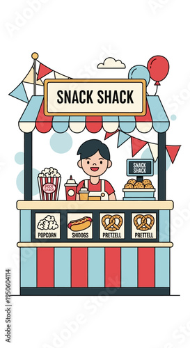 Happy Vendor at Snack Shack Selling Popcorn, Hot Dogs, and Pretzels at a Fair