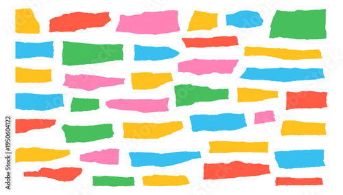 Colorful torn paper collage pieces, ripped craft strips and scrapbook decoration elements, abstract handmade design composition isolated on transparent background