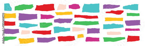 Colorful torn paper strips set, ripped collage paper pieces, scrapbook craft decoration elements collection on transparent background