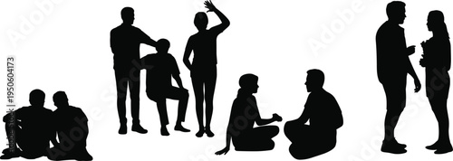Collection of diverse human silhouettes engaged in various social interactions and activities against a white backdrop