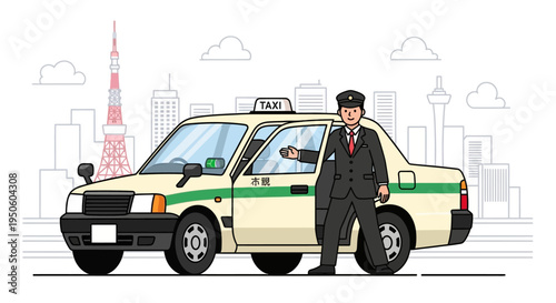 Japanese Taxi Driver Welcoming Passenger in Tokyo Cityscape