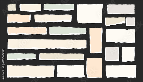 Pastel torn paper collage strips, ripped scrapbook banners and craft texture elements, abstract handmade decoration shapes and labels isolated on black background