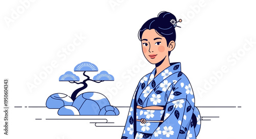 Japanese Woman in Blue Kimono with Floral Pattern and Bonsai Tree