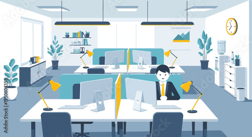 Modern Office Interior with Employees Working at Desks, Business and Technology Concept