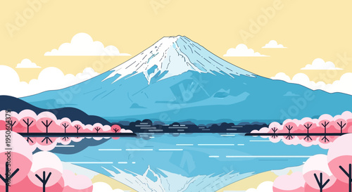 Mount Fuji and Cherry Blossoms Reflection in Lake, Japan