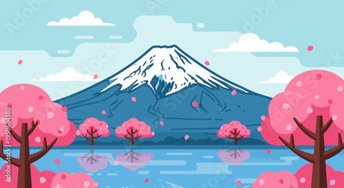 Mount Fuji with Cherry Blossoms Falling in Spring