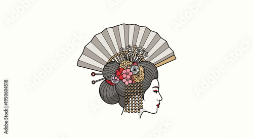 Elegant Geisha Portrait with Traditional Hair Ornaments and Fan