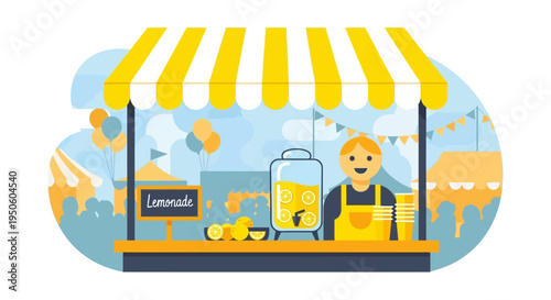 Young boy serving lemonade at a sunny outdoor stand with balloons and festive decorations