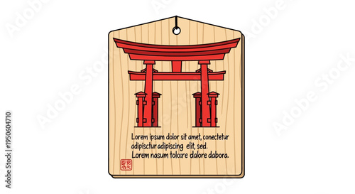 Red Torii Gate on Wooden Plaque with Japanese Seal and Text
