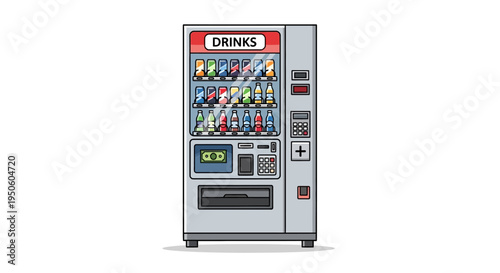 Retro drinks vending machine with colorful beverages and payment options
