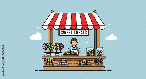 Sweet Treats Stand with Vendor and Colorful Candies