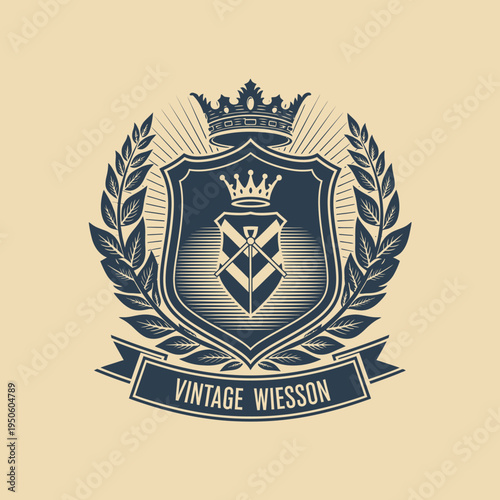Elegant vintage crest with a shield, crown, and laurel wreath, featuring the text 'VINTAGE WIESSON' for a classic emblem