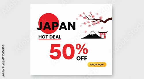 Japan Hot Deal 50% Off Sale Banner with Mount Fuji, Torii Gate, and Cherry Blossoms