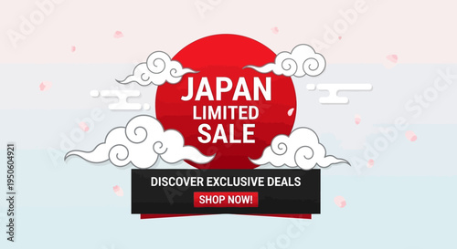 Japan Limited Sale Banner with Red Sun, Clouds, and Cherry Blossoms