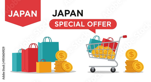 Japan Special Offer: Shopping Bags, Coins, and Shopping Cart Graphic