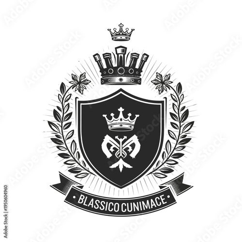 Classic vintage emblem with a crown and laurel wreath, exuding a sense of heritage and prestige, perfect for branding or insignia