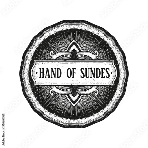 Circular vintage emblem with the text HAND OF SUNDES centrally placed on a banner, evoking a sense of luxury and retro design aesthetic