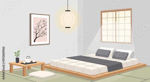 Japanese Style Bedroom with Tatami Mats, Shoji Screen Window, and Cherry Blossom Art