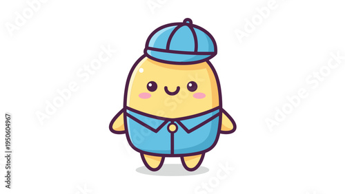 A cute cartoon illustration of a happy yellow potato character wearing a blue cap and work shirt Vector