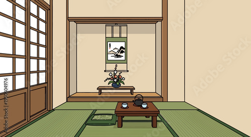 Japanese Tea Room Interior with Tatami Mats, Tea Set, and Ikebana Flower Arrangement