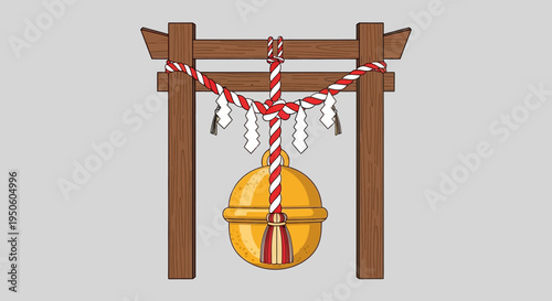 Japanese Torii Gate with Sacred Bell and Shimenawa Rope, Shinto Shrine Symbol