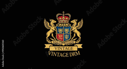 Ornate vintage heraldic shield and crown emblem with regal mythological figures, embodying classic elegance and noble heritage design for branding
