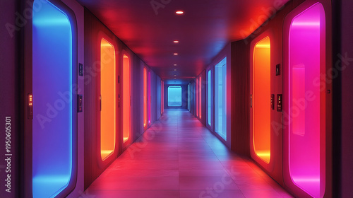 Wallpaper Mural Futuristic sci fi corridor with glowing colorful windows and doors sleek interior design neon lights and a long hallway perspective creating a high tech ambiance Torontodigital.ca