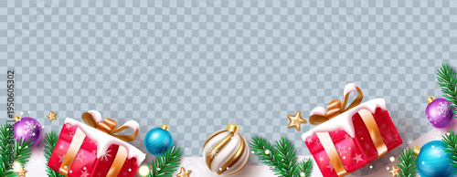 Christmas festive border with gift boxes, ornaments, stars and pine branches isolated on transparent background in decorative holiday illustration style.