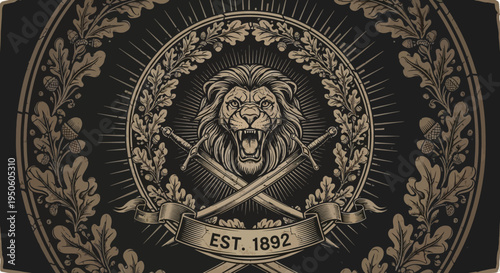 Ornate classic heritage badge featuring a majestic lion's head with crossed swords, encircled by an oak wreath and intricate heraldic details in a vintage style