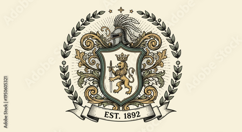 Vintage Heraldic Shield Emblem with Roaring Lion and Crown, Adorned with Laurel Wreath and Ribbon, Symbolizing Timeless Heritage and Established Tradition for Brand Identity