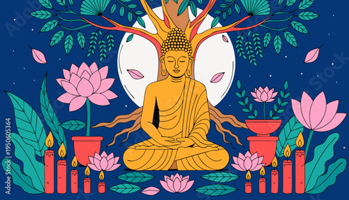 A golden Buddha statue sits in a meditative yoga lotus position within a Thai temple, blending traditional Asian culture and religious art into a beautiful vector illustration